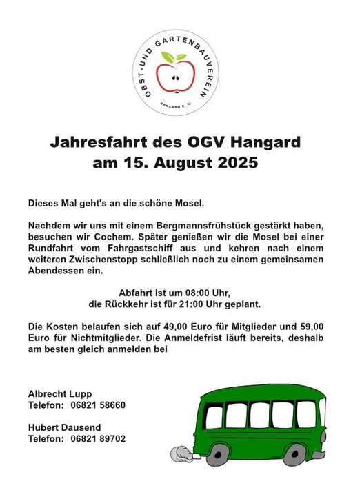 Jahresfahrt des OGV am 15. August an die Mosel